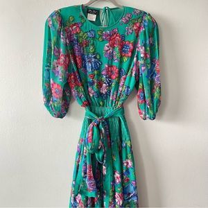 Diane Freis Vintage Green Floral Silk Georgette Dress, 1990s